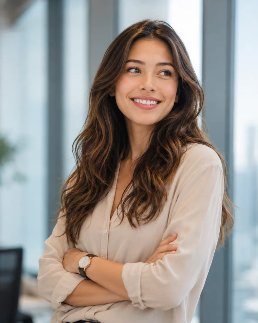 Shopper smiling in an office after splitting a purchase into interest-free installments with Scalapay